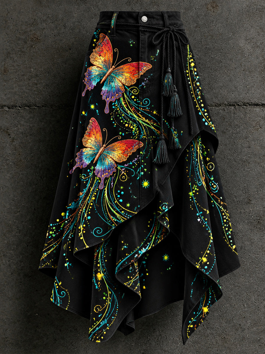 Women's Retro Style Art Print Irregularly Layered Stitched Skirt