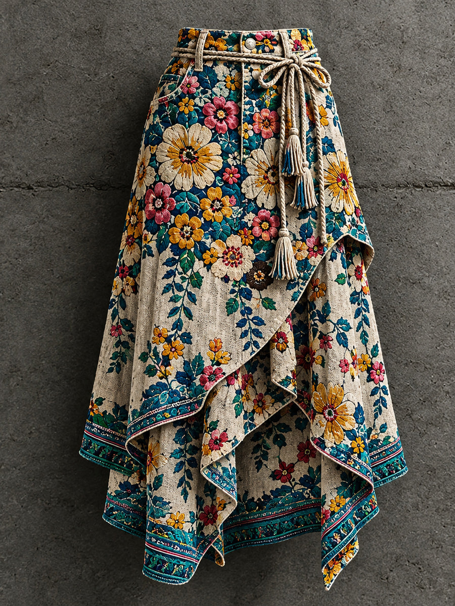 Women's Retro Style Art Print Irregularly Layered Stitched Skirt