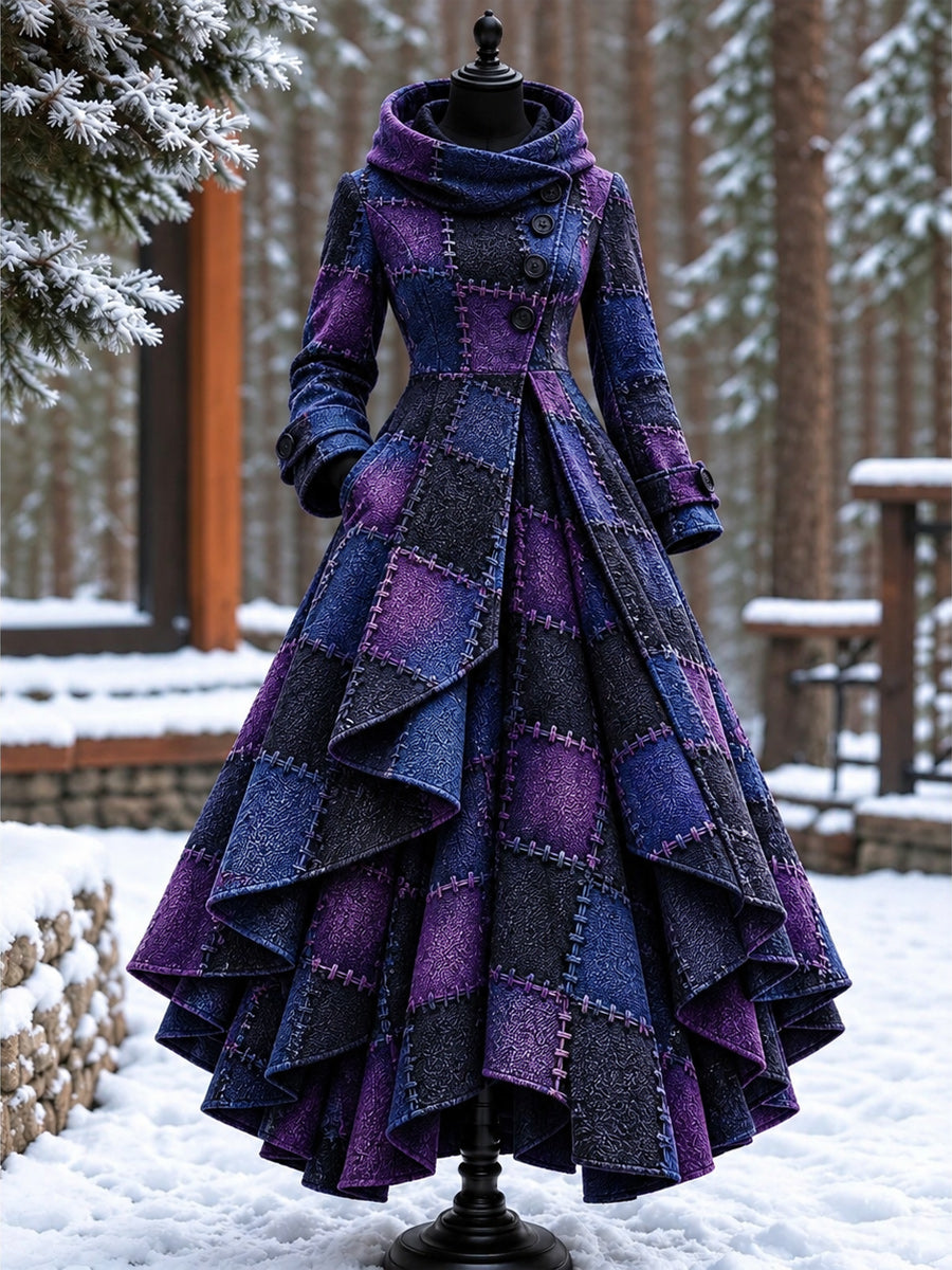 Women’s Vintage High-Collar Asymmetrical Double-Layer Hem Long Maxi Coat