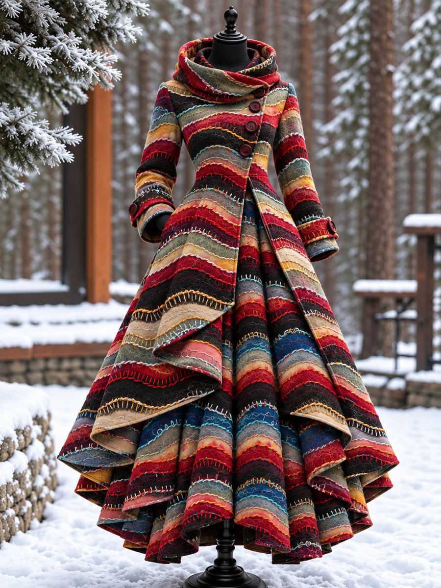 Women’s Vintage High-Collar Asymmetrical Double-Layer Hem Long Maxi Coat