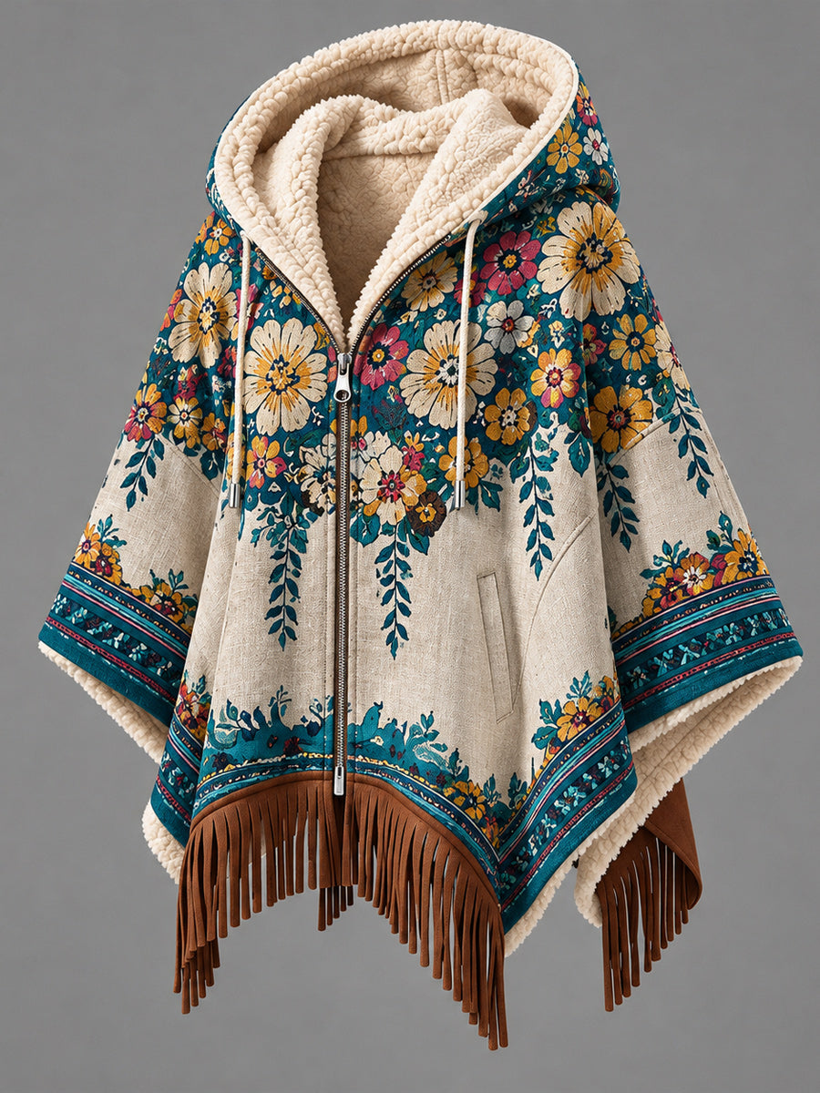 Women's Fall Winter Vintage Art Fleece-Lined Hooded Fringe Poncho
