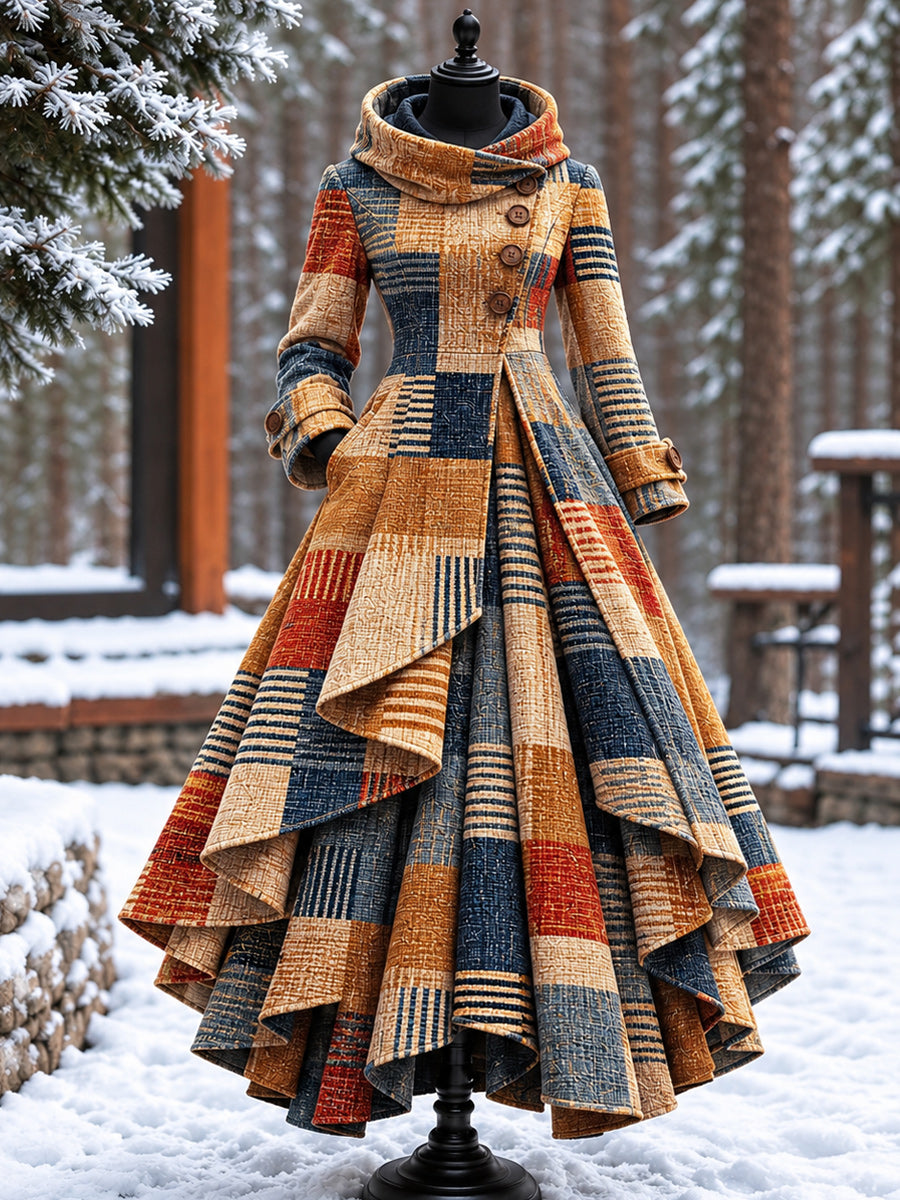 Women’s Vintage High-Collar Asymmetrical Double-Layer Hem Long Maxi Coat