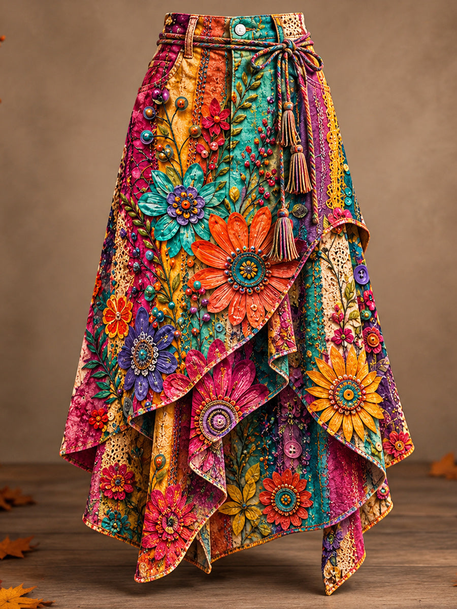 Women's Retro Style Art Print Irregularly Layered Stitched Skirt