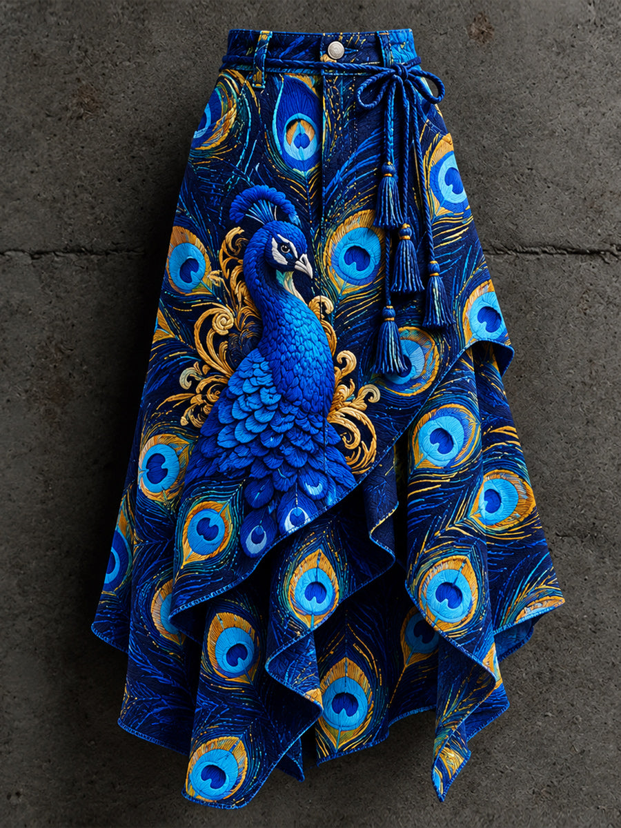 Women's Retro Style Art Print Irregularly Layered Stitched Skirt