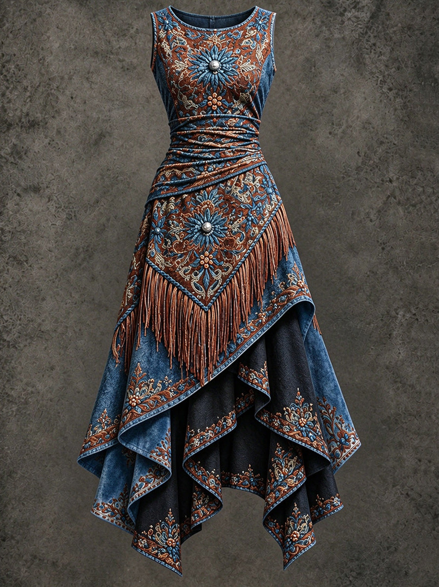Retro Art Printed Vintage Sleeveless Irregularly Layered Stitched Midi Dress