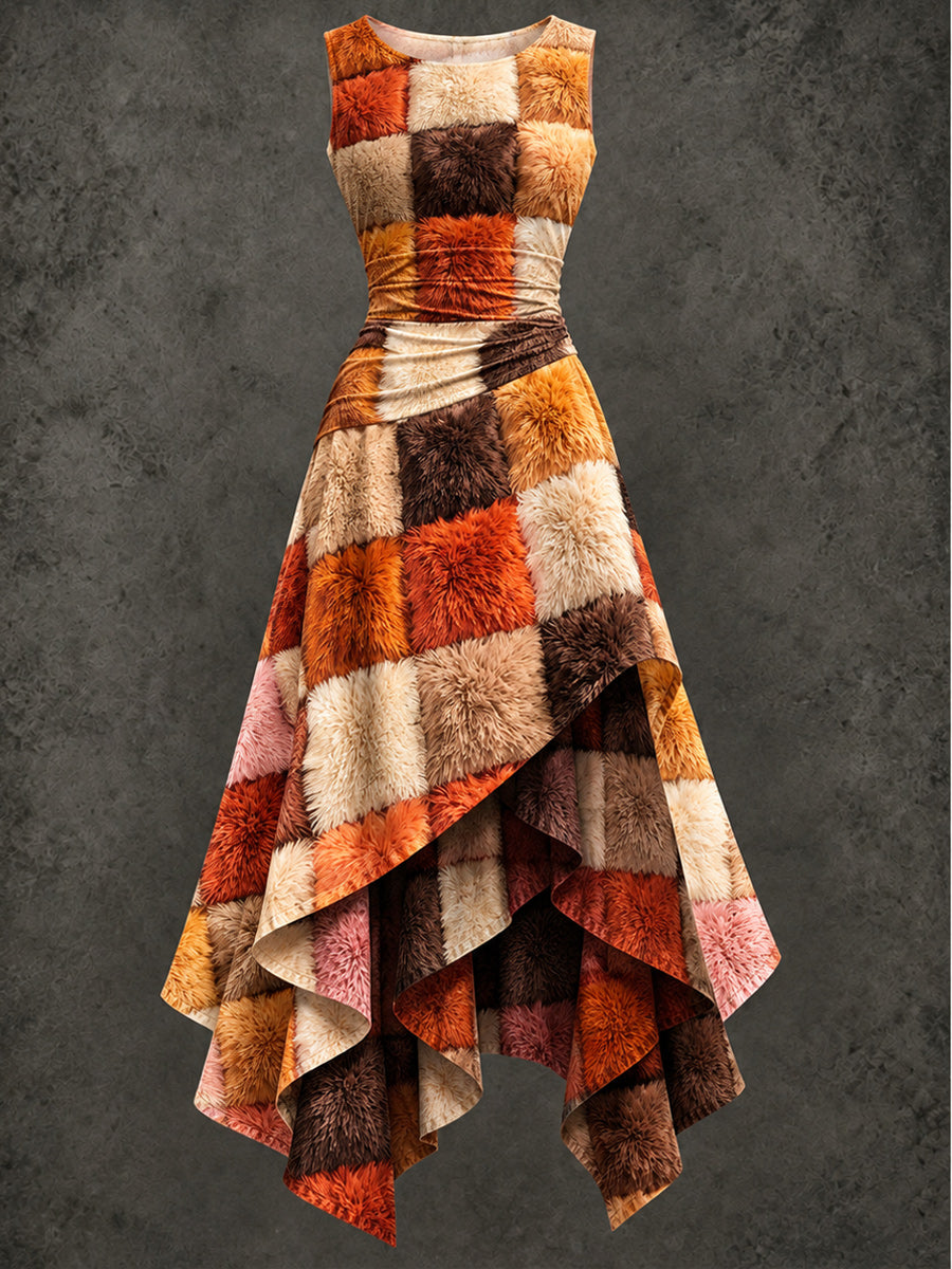 Retro Art Printed Vintage Sleeveless Irregularly Layered Stitched Midi Dress
