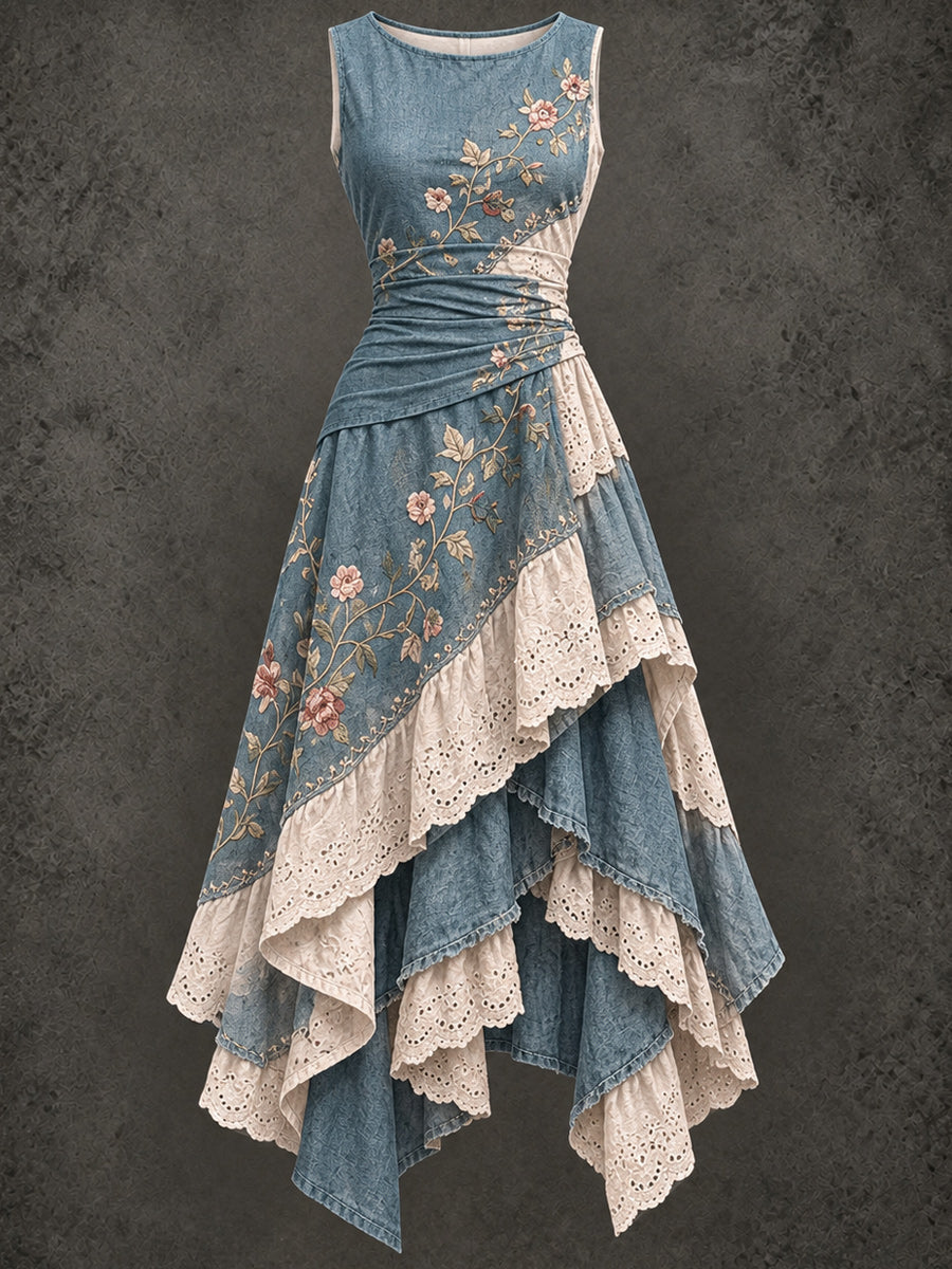 Retro Art Printed Vintage Sleeveless Irregularly Layered Stitched Midi Dress