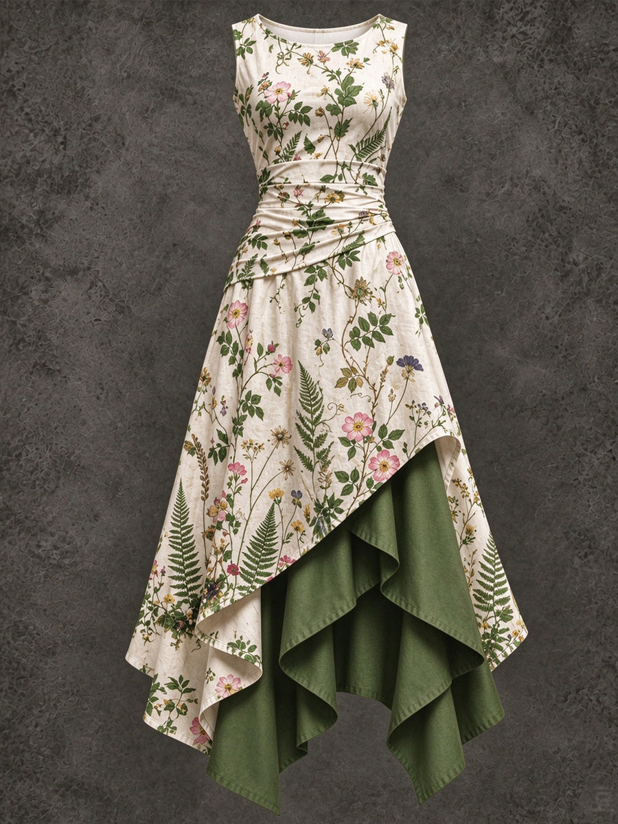 Retro Art Printed Vintage Sleeveless Irregularly Layered Stitched Midi Dress