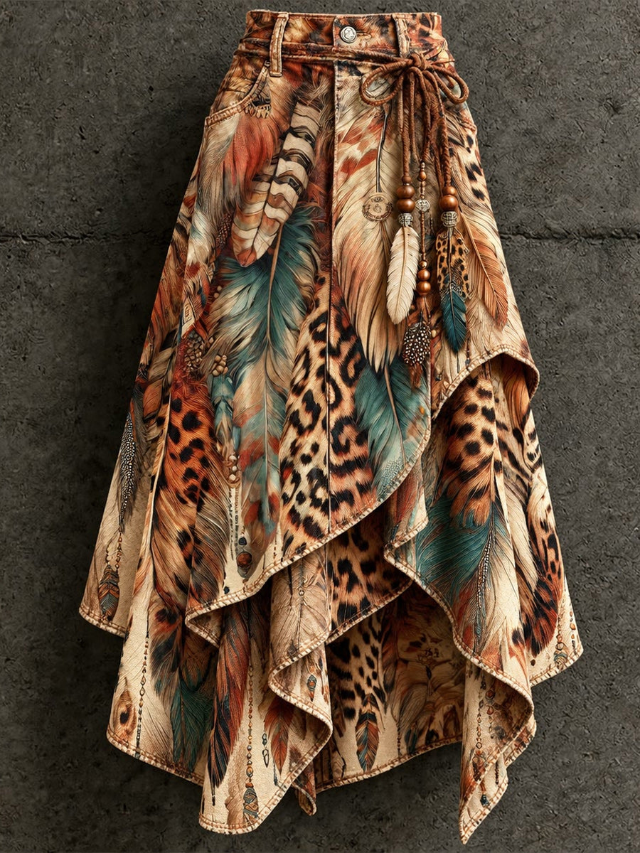 Women's Retro Style Art Print Irregularly Layered Stitched Skirt