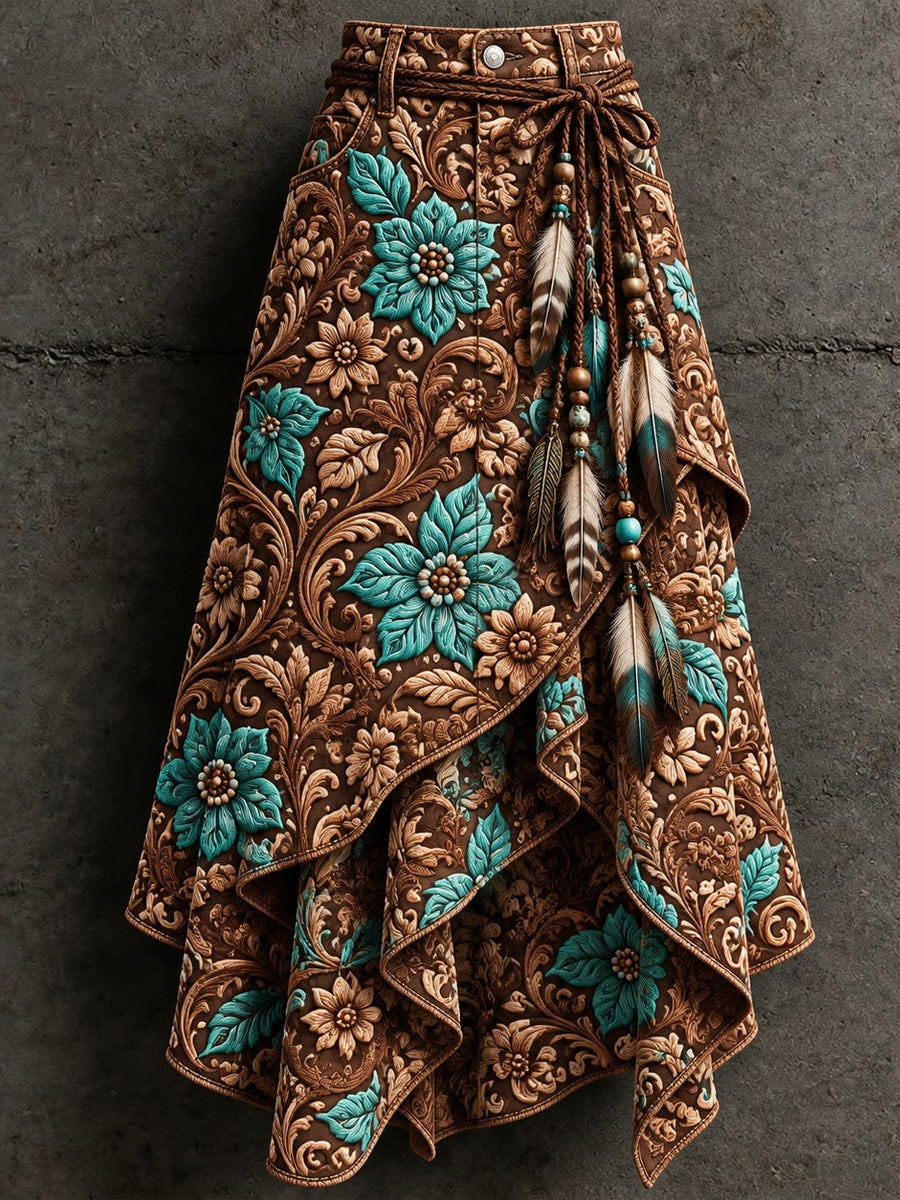 Women's Retro Style Art Print Irregularly Layered Stitched Skirt