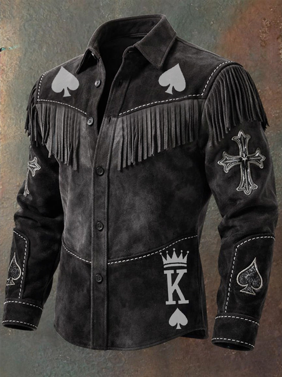Men's Retro Western Style Art Print Vintage Tassel Casual Long Sleeve Shirt
