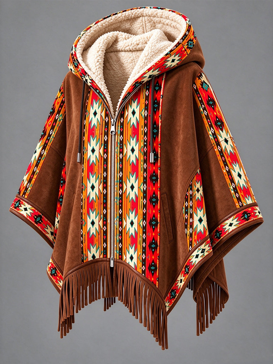 Women's Fall Winter Vintage Art Fleece-Lined Hooded Fringe Poncho