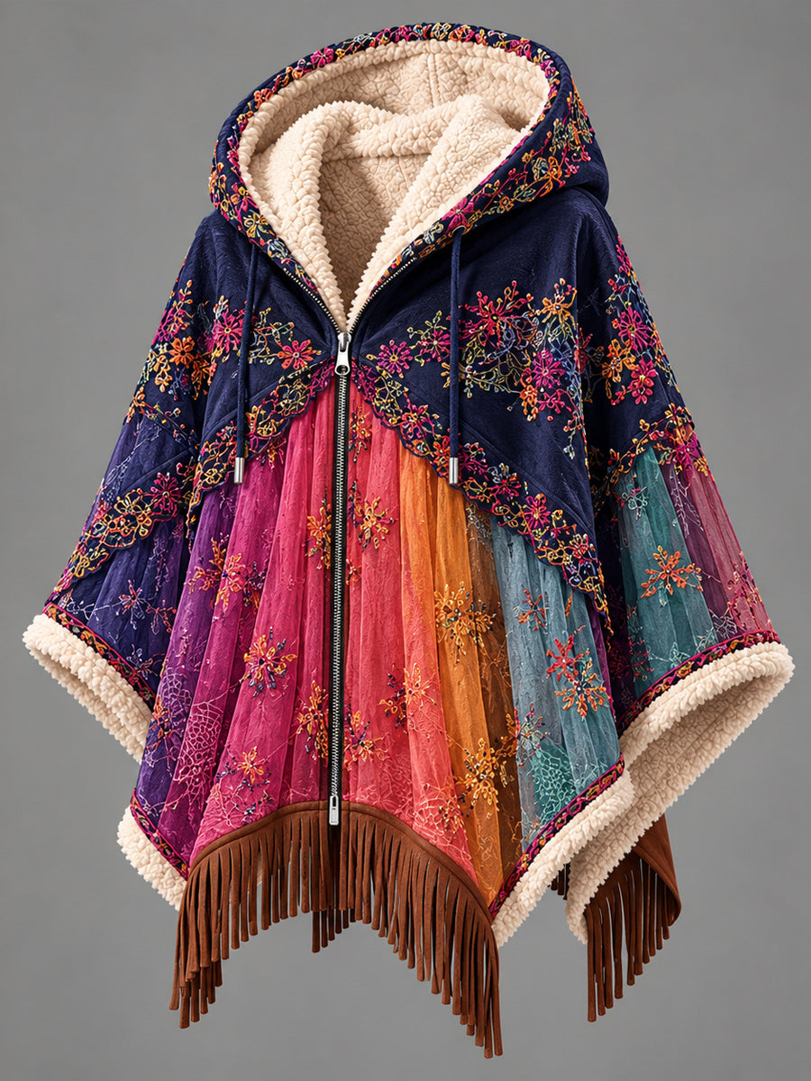 Women's Fall Winter Vintage Art Fleece-Lined Hooded Fringe Poncho