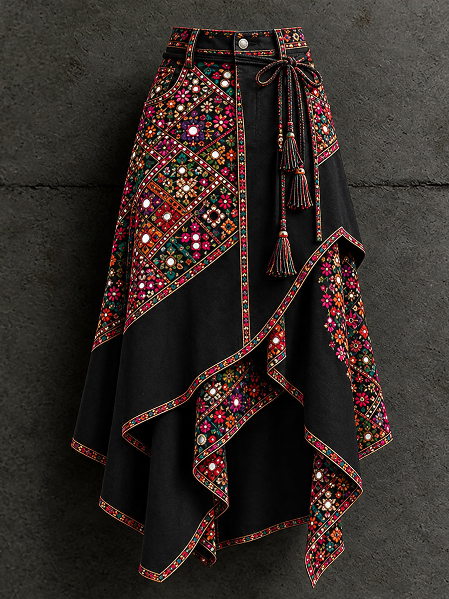 Women's Retro Style Art Print Irregularly Layered Stitched Skirt