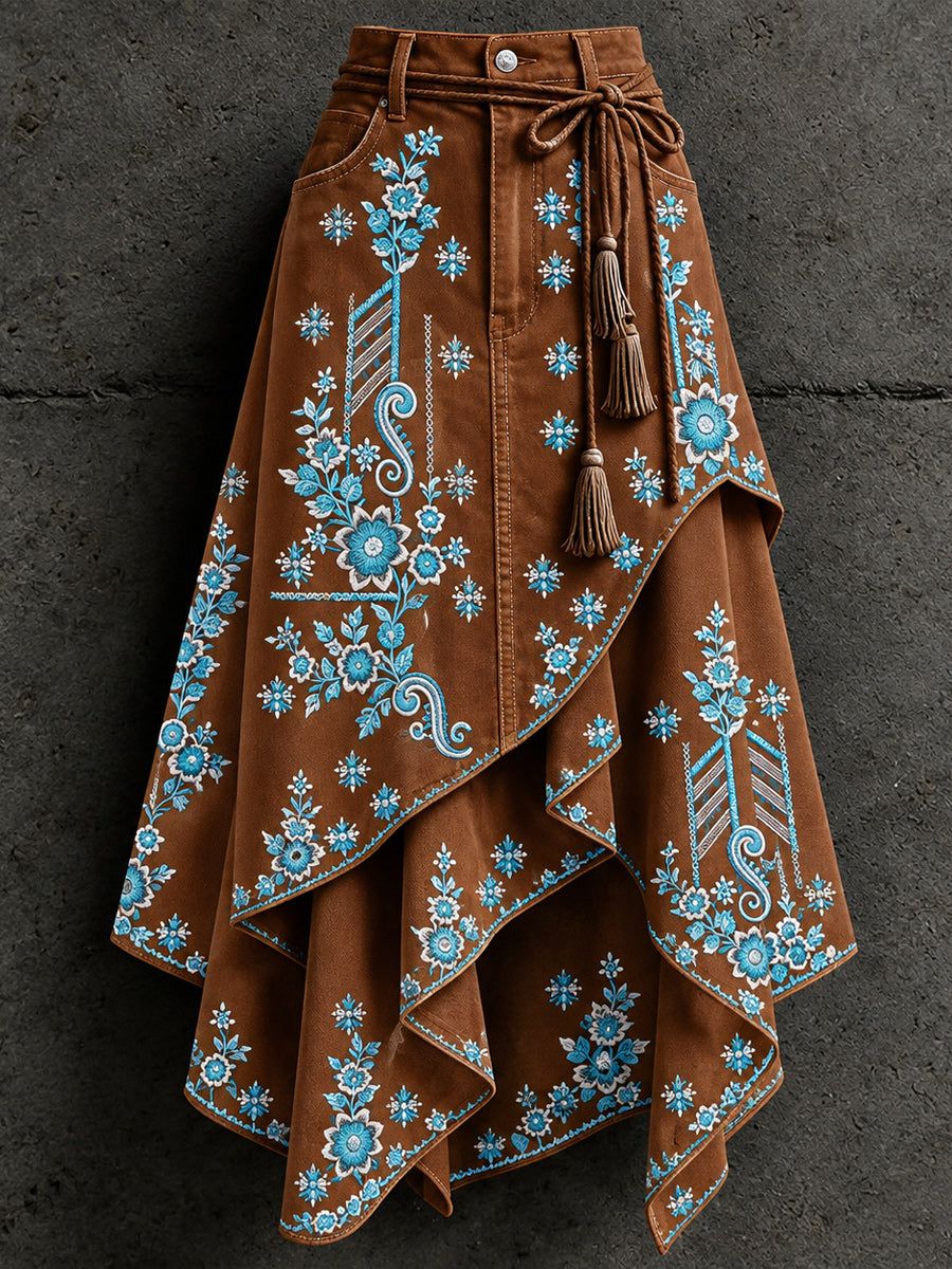Women's Retro Style Art Print Irregularly Layered Stitched Skirt