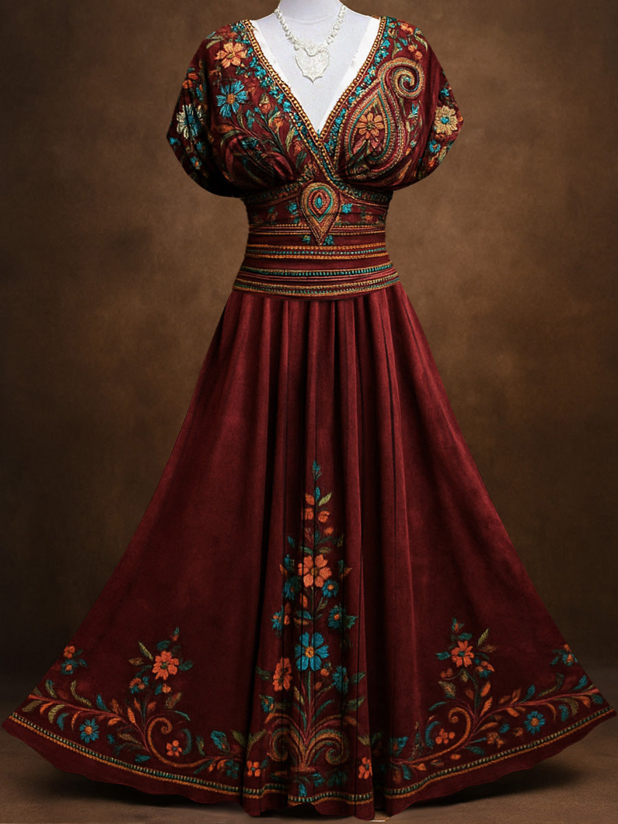 Retro Suede Floral Carved Art Printed Elegant V-Neck Vintage Batwing Short Sleeve Maxi Dress
