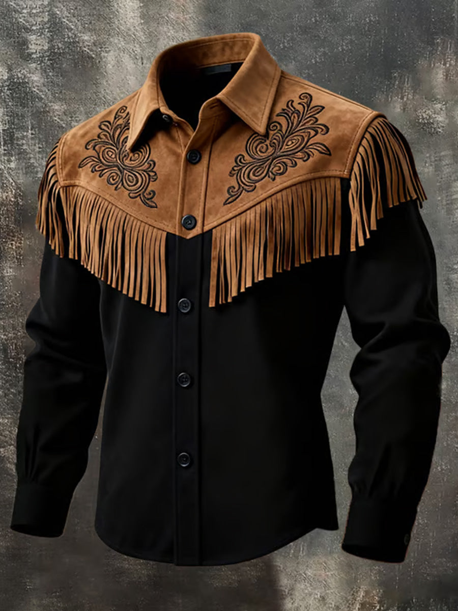 Men's Retro Western Style Art Print Vintage Tassel Casual Long Sleeve Shirt