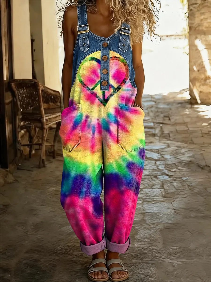 Hippie Love Tie Dye Women's Casual Washed Cotton Denim Patchwork Jumpsuit
