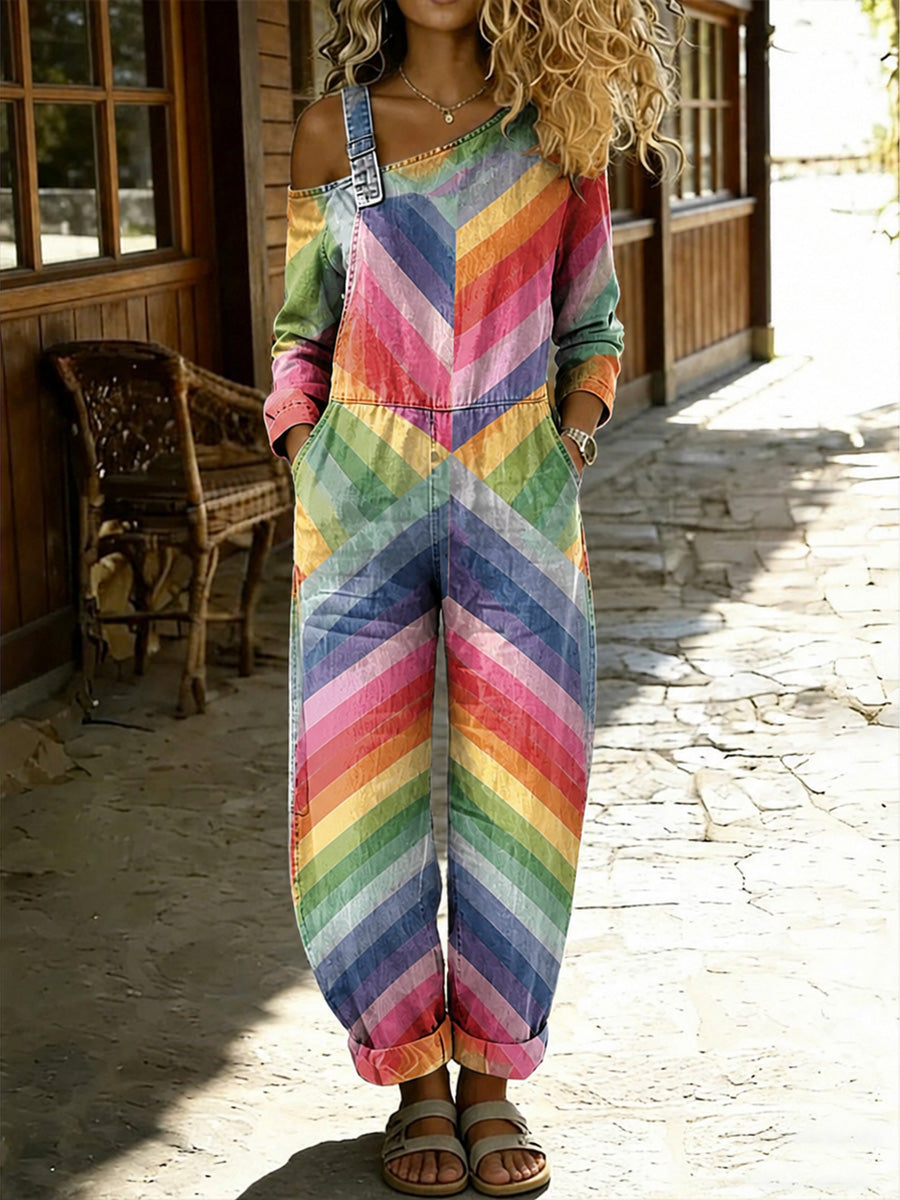 Women's Retro Pride Month Rainbow Art Print Washed Cotton Denim Patchwork Jumpsuit