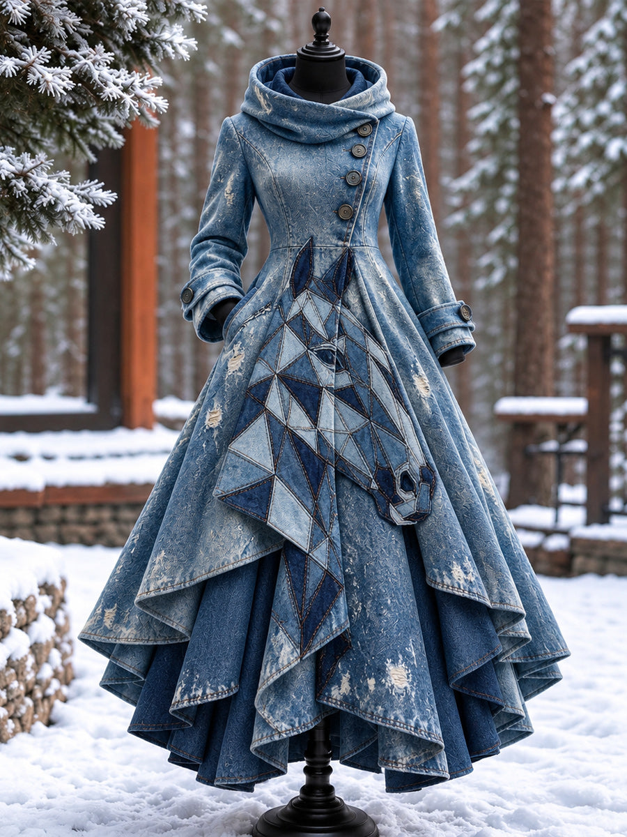 Women’s Vintage High-Collar Asymmetrical Double-Layer Hem Long Maxi Coat