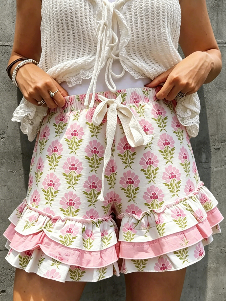 Women's Retro Floral Color-Blocked Art Print Casual Multi-Layer Ruffle Shorts