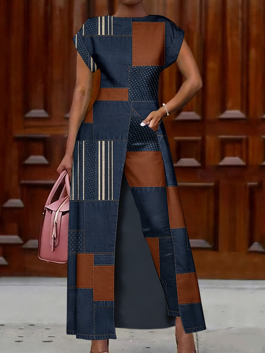 Retro Geometry Abstract Art Print Vintage Long Split Shirts Dress Skinny Pants Two-Piece Set