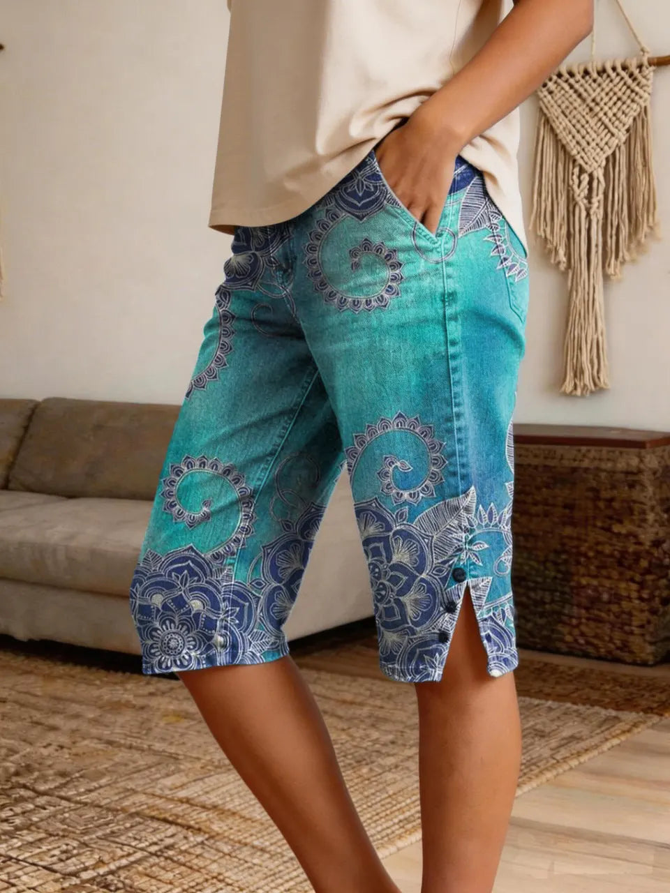 Women's Vintage Ethnic Blue Floral Art Print Casual Denim Shorts