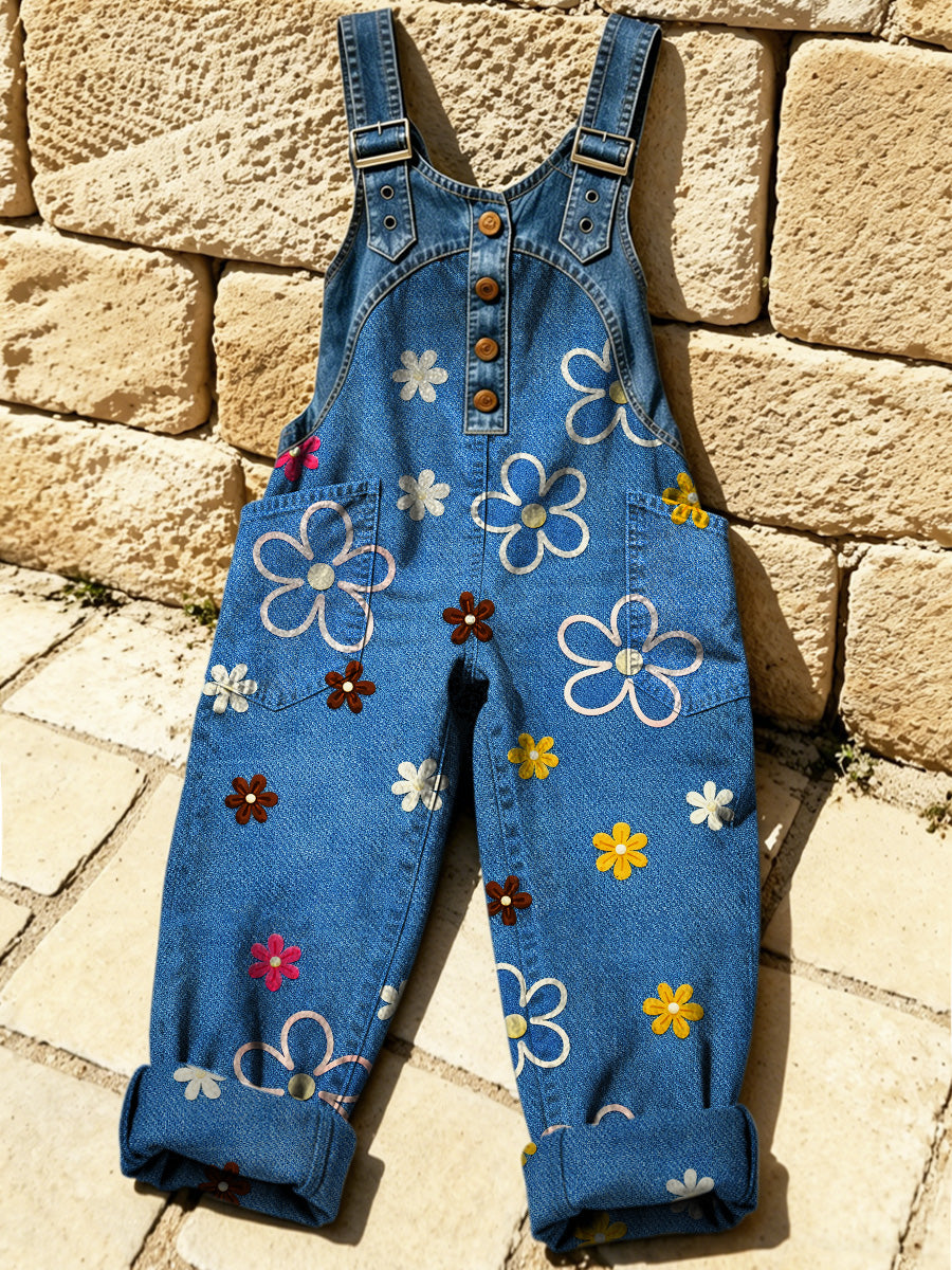 Women's Retro Floral Color-Blocked Art Print Washed Cotton Denim Patchwork Jumpsuit