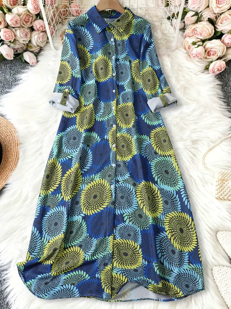 Abstract Art Print Long Sleeve Midi Dress
