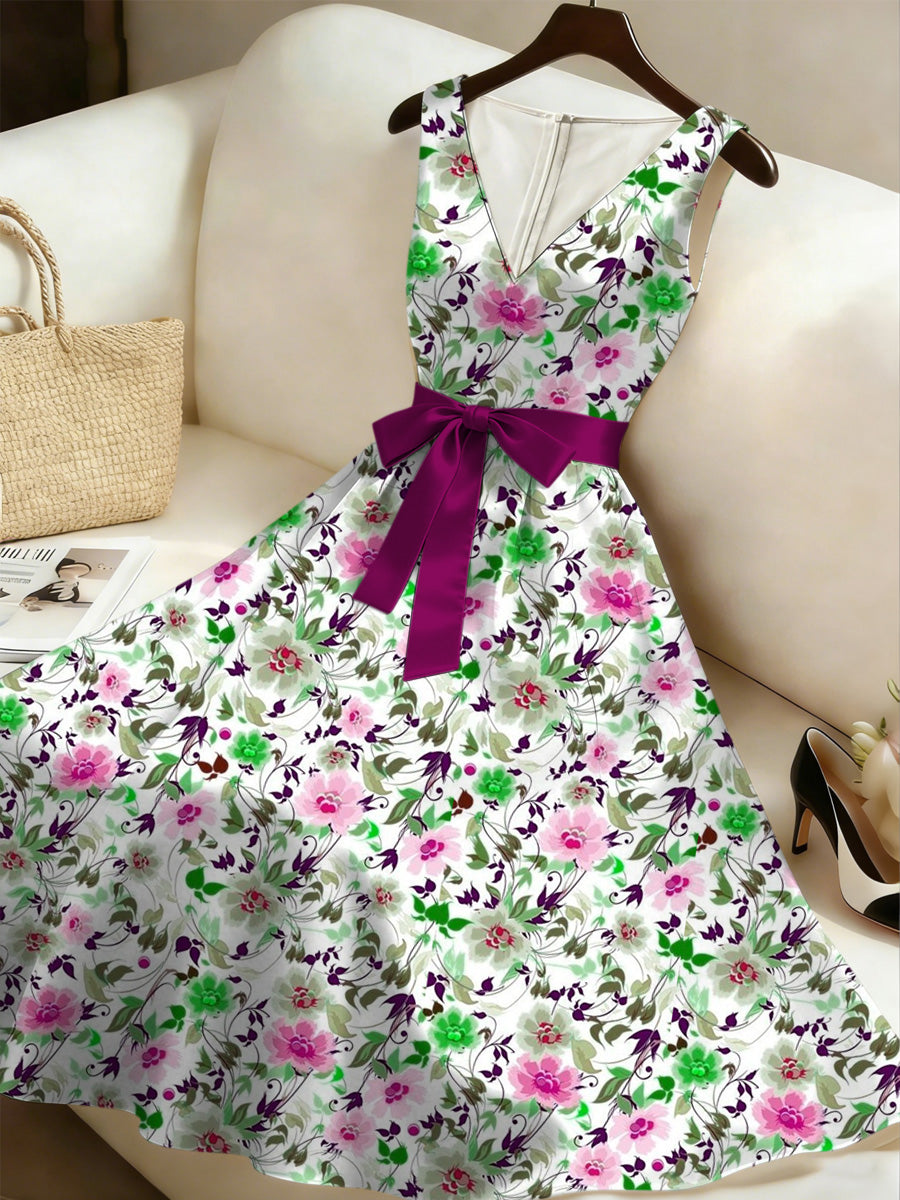 Retro Style Floral Art Print V-Neck Sleeveless Cotton Maxi Dress