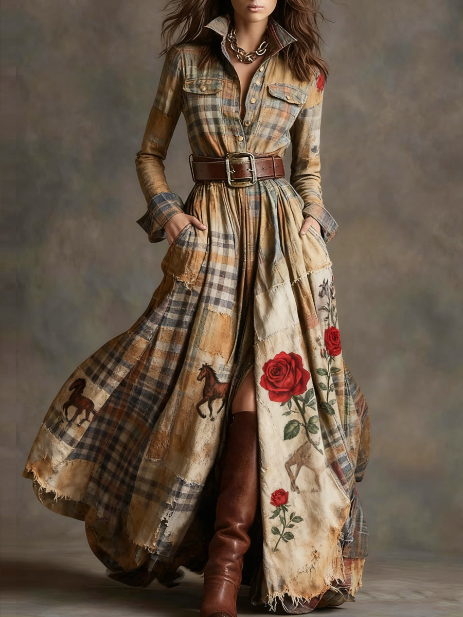 Retro Floral Art Texture Printed V-Neck Vintage Pocket-Style Long Sleeve Maxi Dress