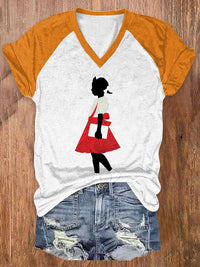 Women's  Black Girl In Red Dress Art Printed Short-Sleeved T-Shirt