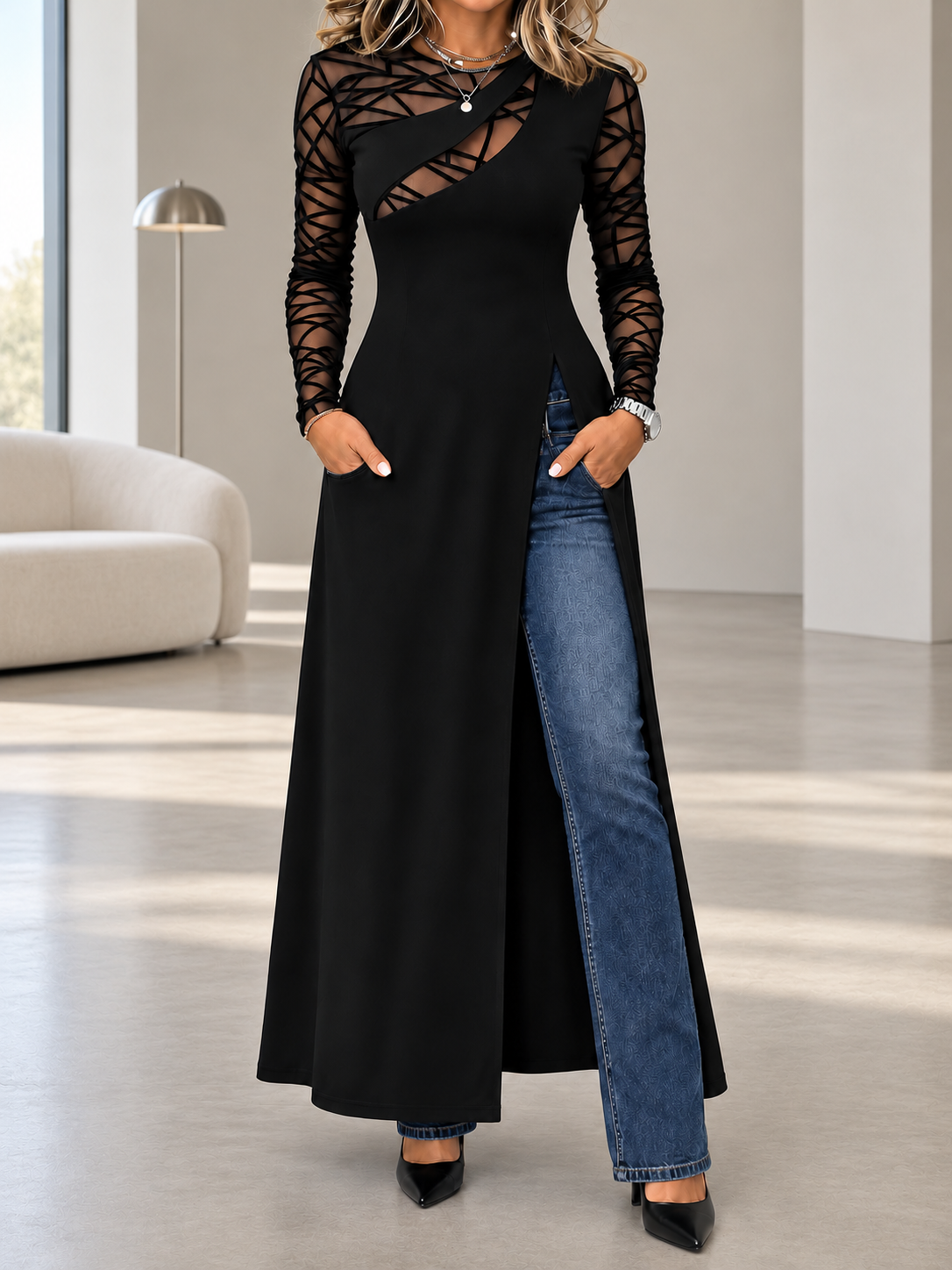 Elegant Mesh Patchwork Side Slit Maxi Tunic