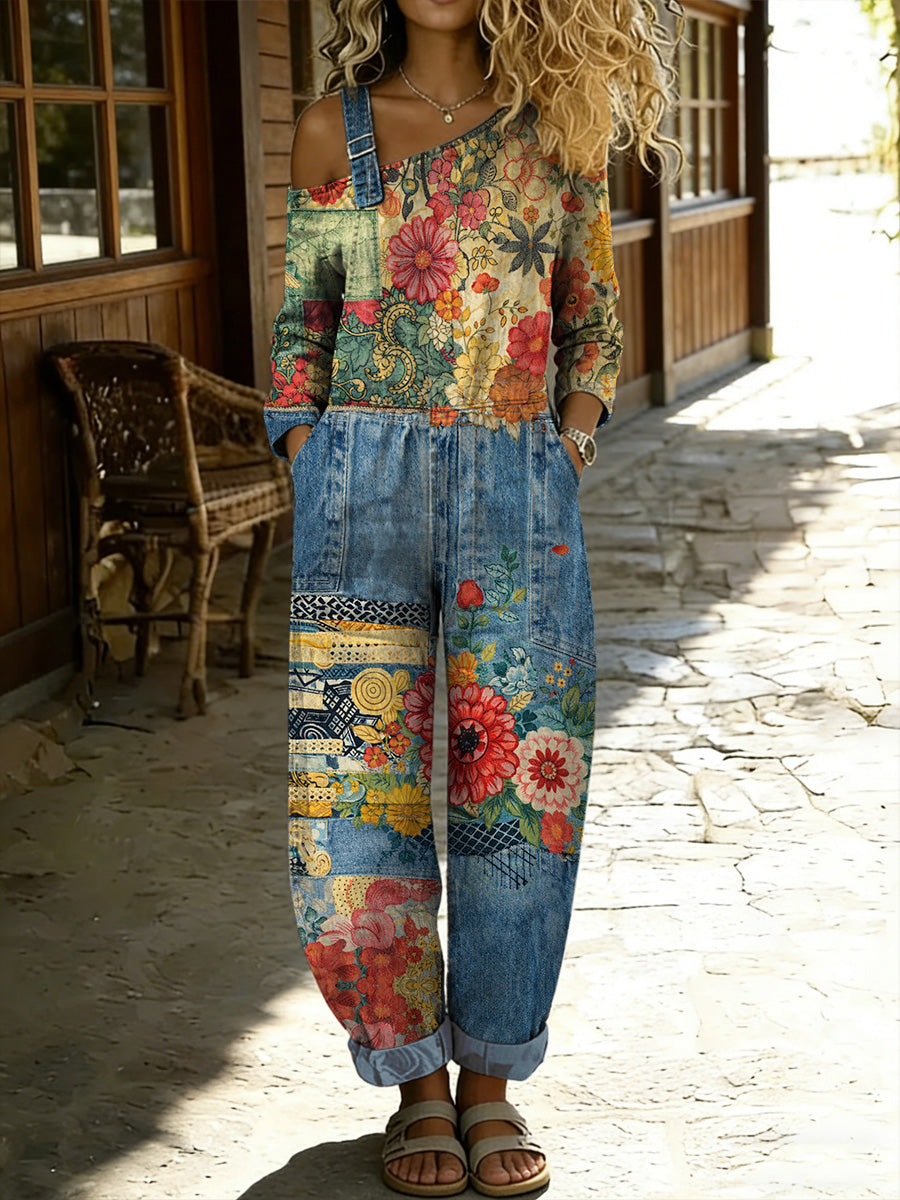 Women's Retro Hippy Floral Art Print Washed Cotton Denim Patchwork Jumpsuit