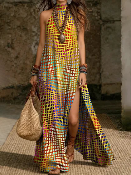 Retro Abstract Art Print Sleeveless Stand-collar Maxi Dress