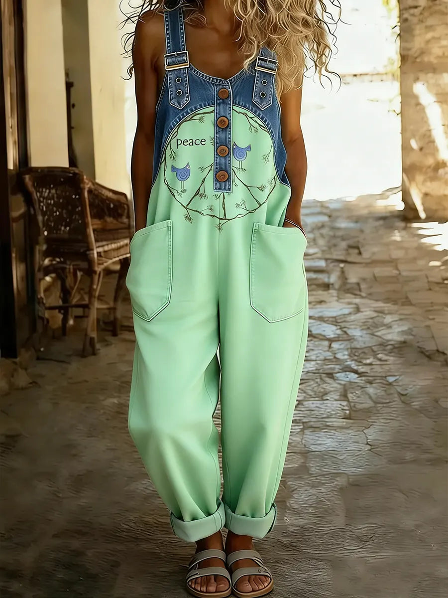 Women's Hippie Peace Bird Art Print Patchwork Jumpsuit