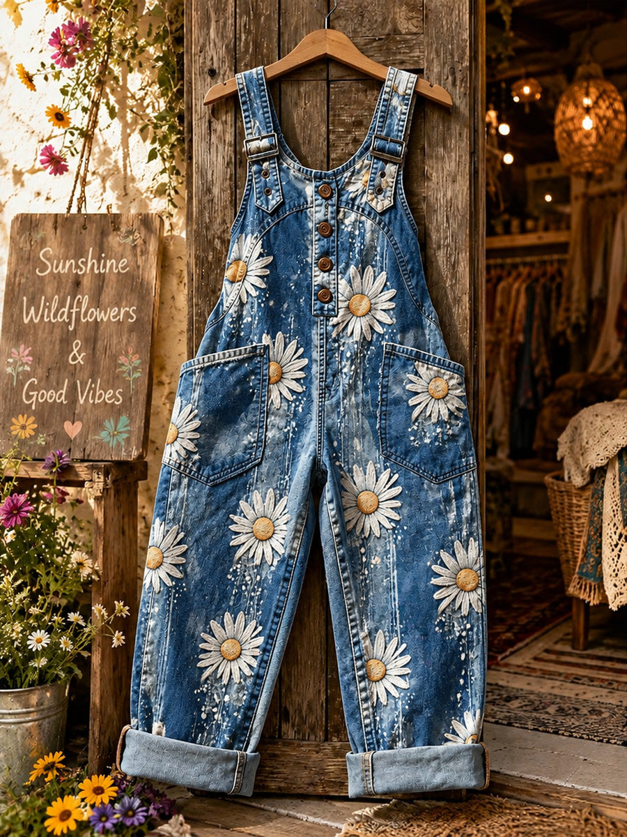 Women's Retro Style Art Print Washed Cotton Denim Patchwork Jumpsuit