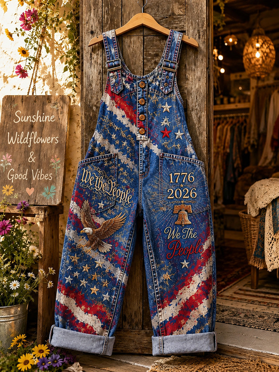 Women's Retro Style Art Print Washed Cotton Denim Patchwork Jumpsuit
