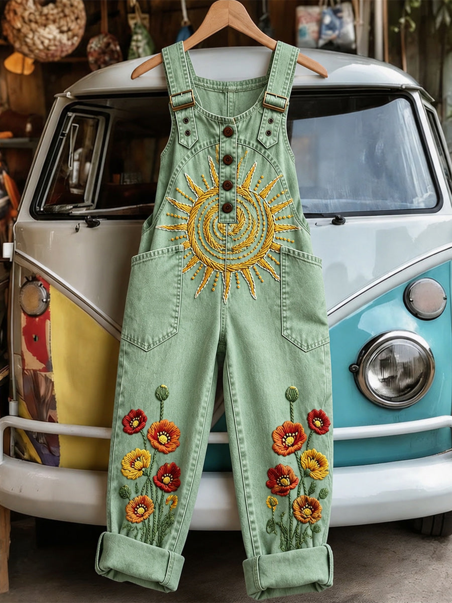 Women's Retro Style Art Print Washed Cotton Denim Patchwork Jumpsuit