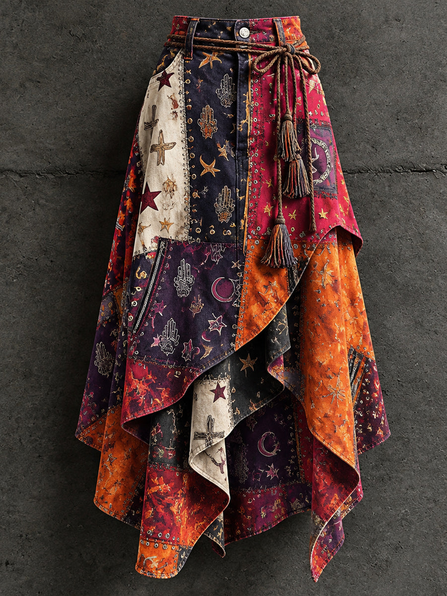 Women's Retro Style Art Print Irregularly Layered Stitched Skirt