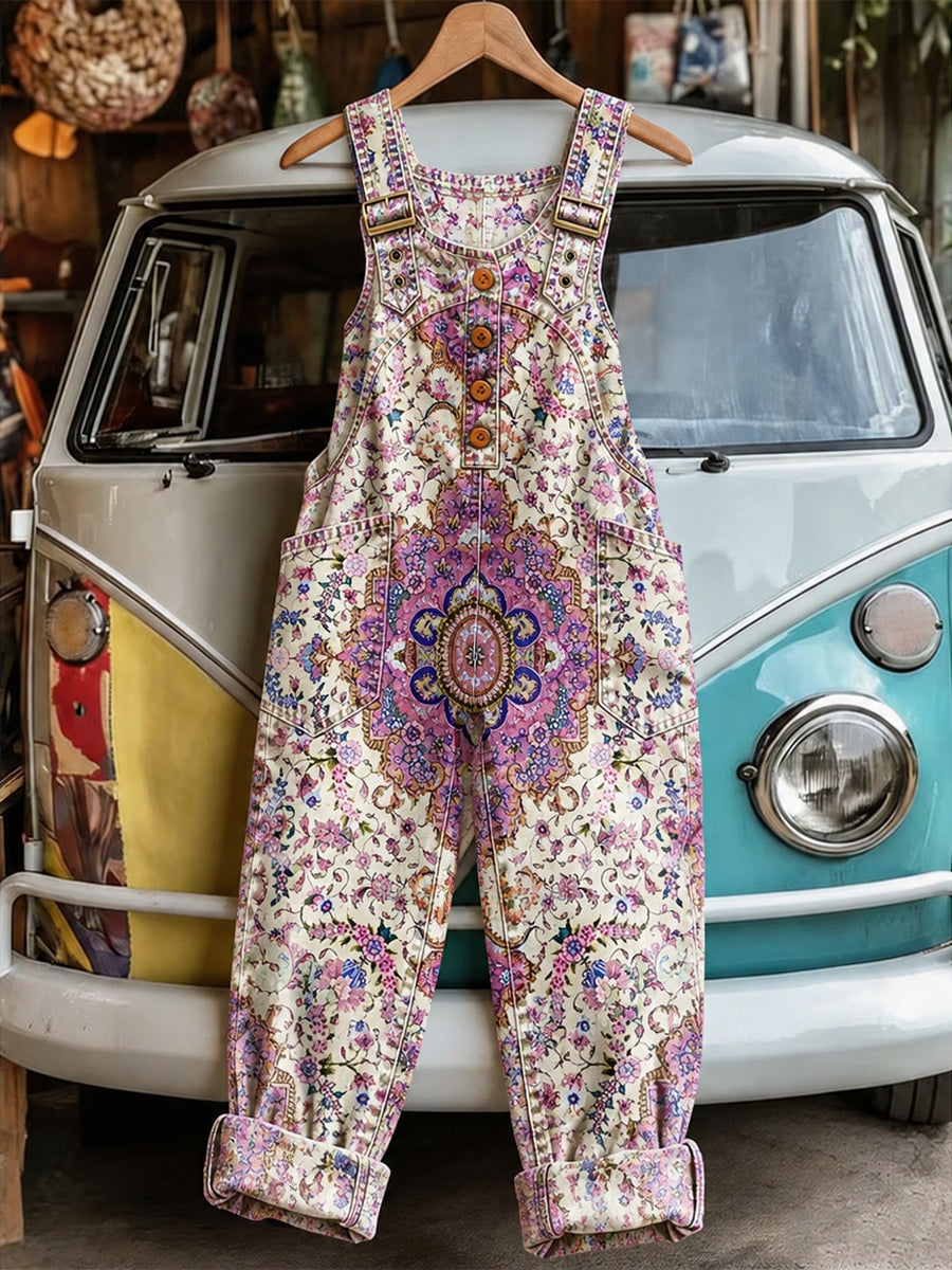 Women's Retro Style Art Print Washed Cotton Denim Patchwork Jumpsuit