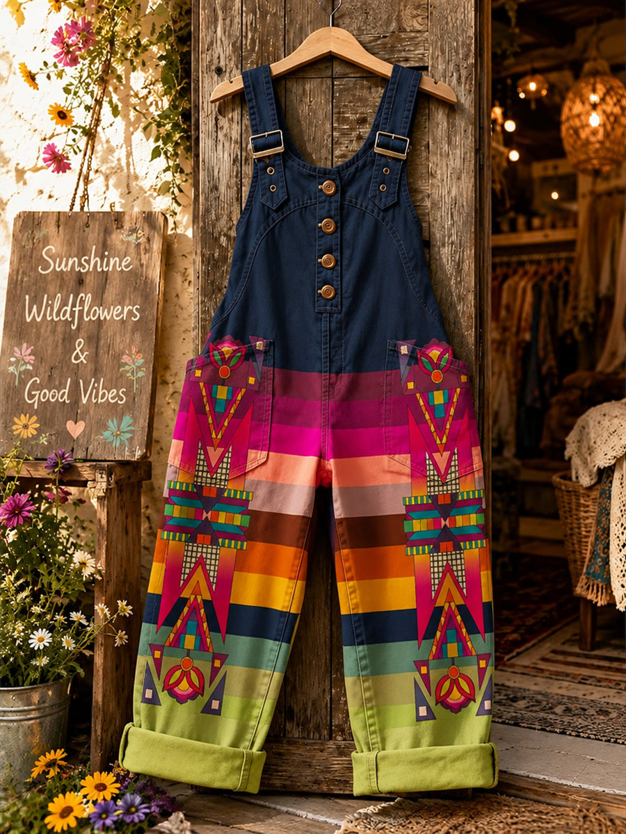 Women's Retro Style Art Print Washed Cotton Denim Patchwork Jumpsuit