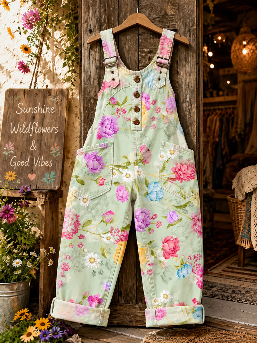 Women's Retro Style Art Print Washed Cotton Denim Patchwork Jumpsuit