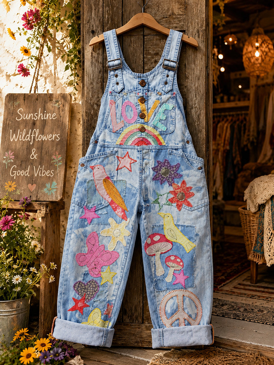Women's Retro Style Art Print Washed Cotton Denim Patchwork Jumpsuit
