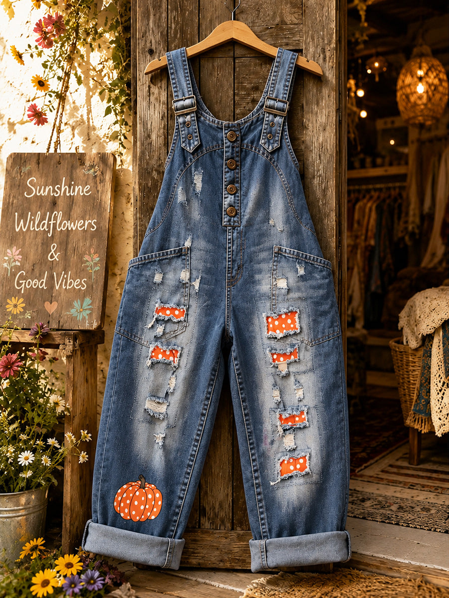 Women's Retro Style Art Print Washed Cotton Denim Patchwork Jumpsuit