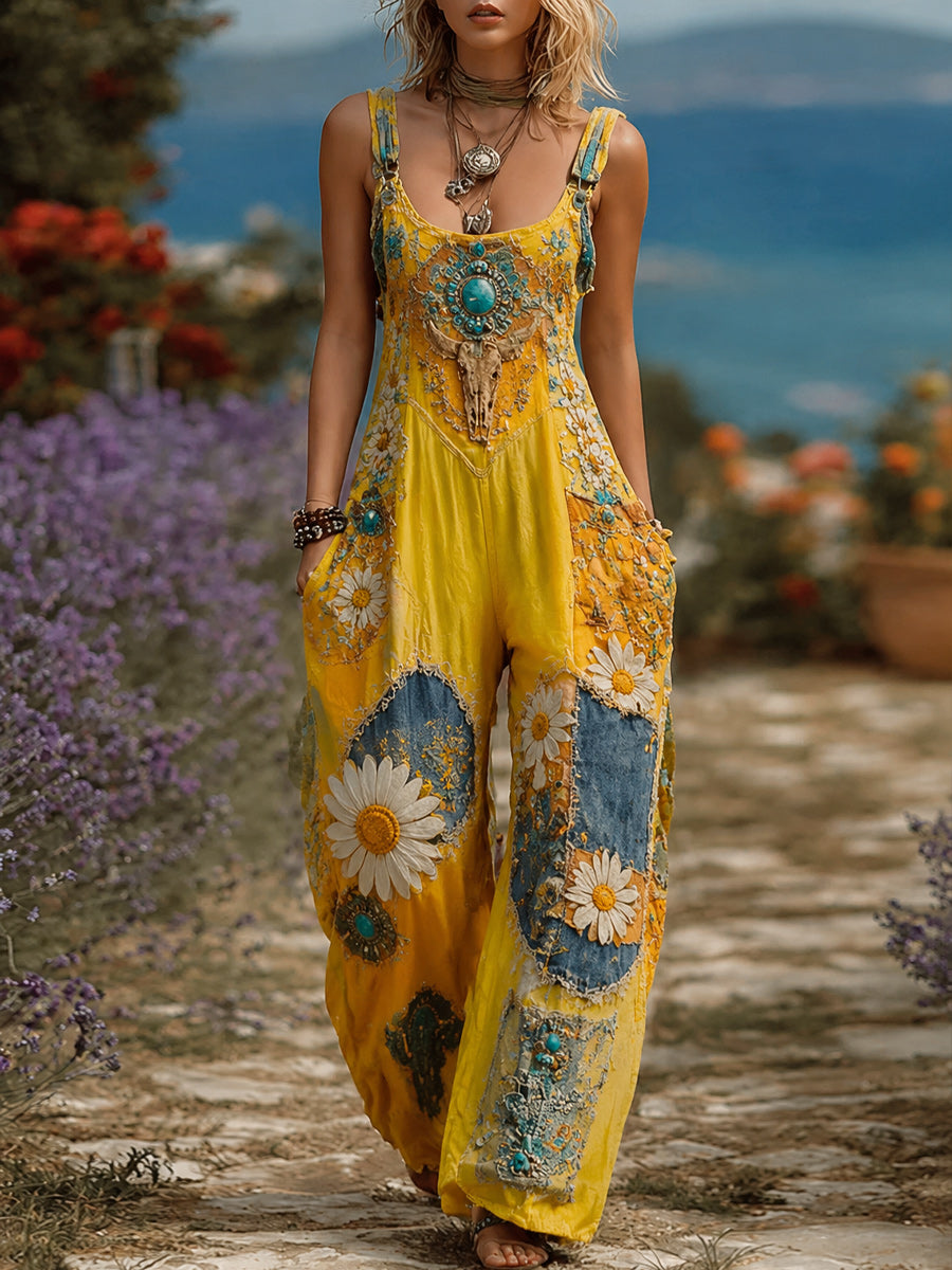Women's Retro Style Art Print Washed Cotton Denim Patchwork Jumpsuit