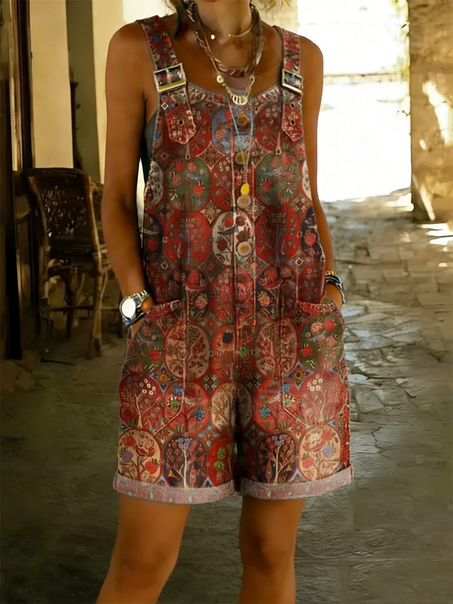 Women's Floral Art Print Washed Cotton Denim Patchwork Jumpsuit