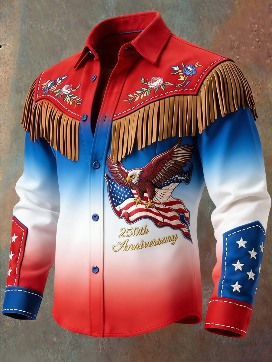 Men's USA Flag Art Western Style Print Vintage Tassel Casual Long Sleeve Shirt