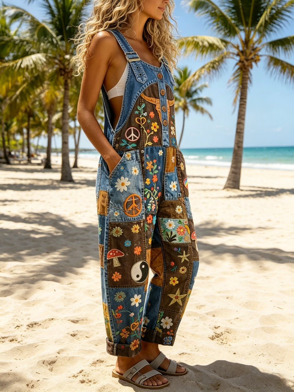 Women's Retro Floral Color-Blocked Art Print Washed Cotton Denim Patchwork Jumpsuit