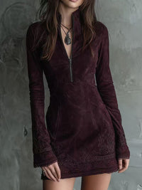 Retro Western Boho Art V-Neck Vintage Suede Velvet Lace Patchwork Long Sleeve Midi Dress